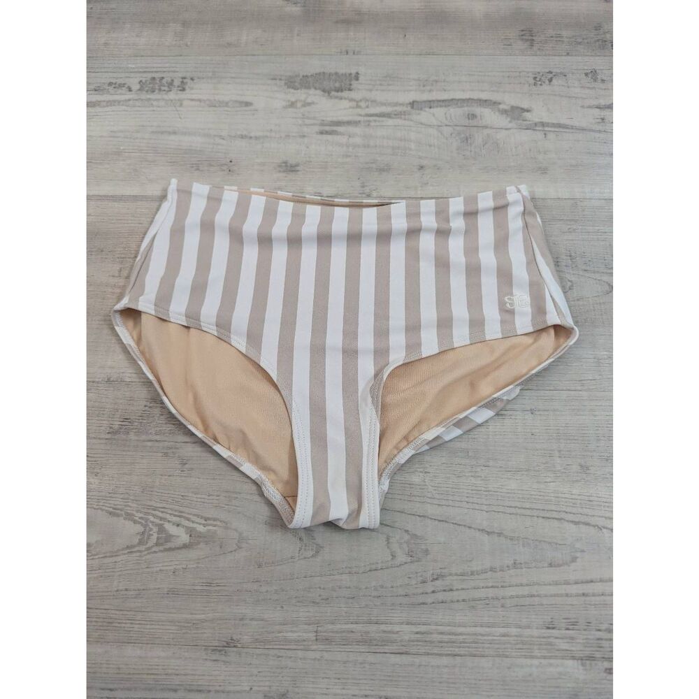 Albion Striped High-Waist Bikini Bottoms in White and Beige